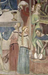 Satanás pidiendo a Dios tentar a Job, detalle de músicos, 1356-67